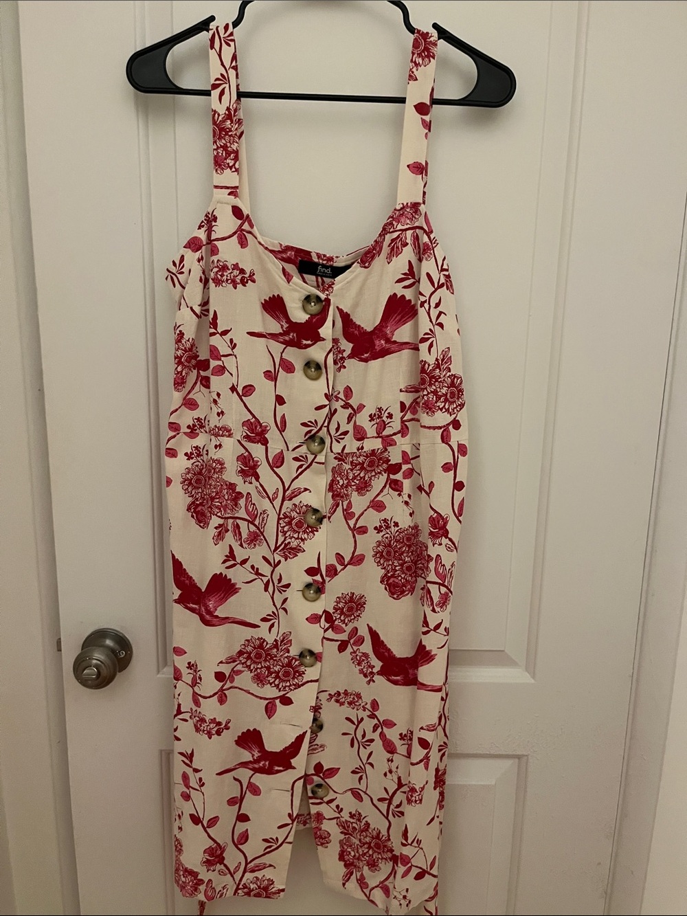Cream Linen Midi Sundress with Red Bird & Floral Print